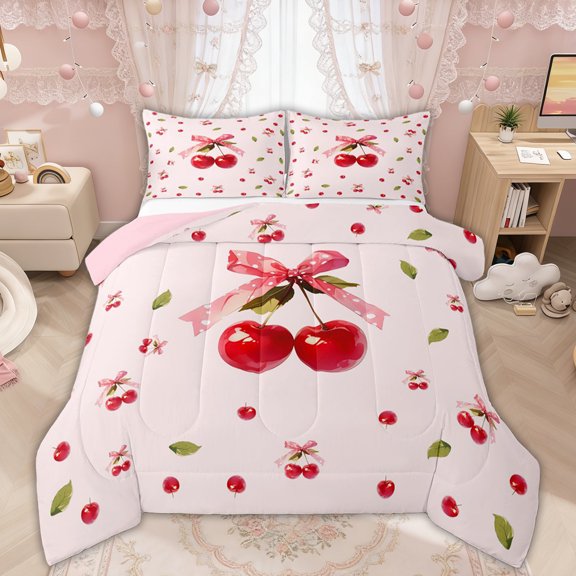 Manfei Red Cherry Bow Print Full Size Comforter Sets for Girls, Sweet Fruit Ribbon Bows Bedding Sets, Pink Reversible, 3pcs