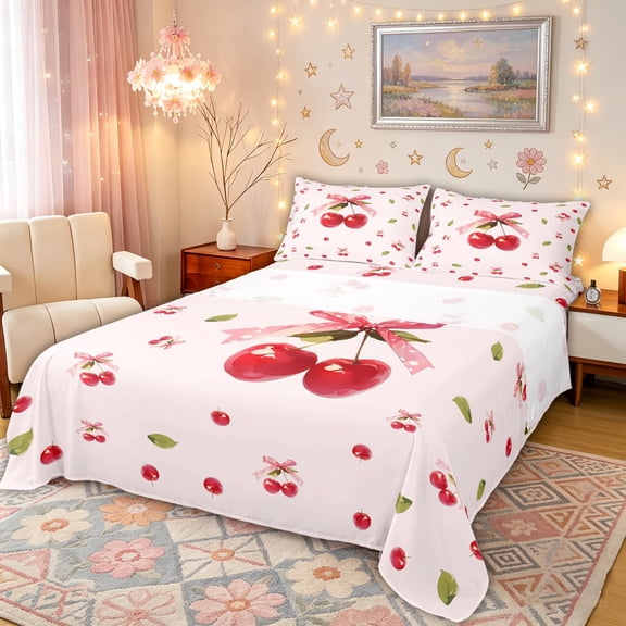 Manfei Red Cherry Bow Print Queen Sheet Sets for Girls, Sweet Fruit Ribbon Bows Bed Set, 4pcs