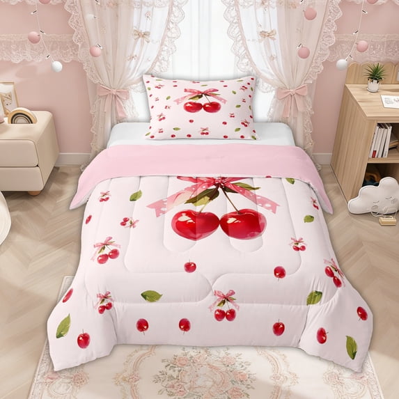 Manfei Red Cherry Bow Print Twin Comforter Sets for Girls, Sweet Fruit Ribbon Bows Bedding Set, Pink Reversible, 2pcs