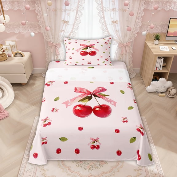 Manfei Red Cherry Bow Print Twin Sheet Sets for Girls, Sweet Fruit Ribbon Bows Bedding, 3pcs