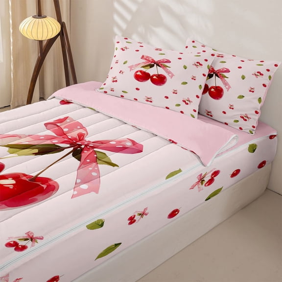 Manfei Red Cherry Bow Print Zipper Twin Comforter Sets with Fitted Sheet and 2 Pillowcases for Girls, Sweet Fruit Ribbon Bows Zipper Bedding Set, Pink Reversible, 4pcs