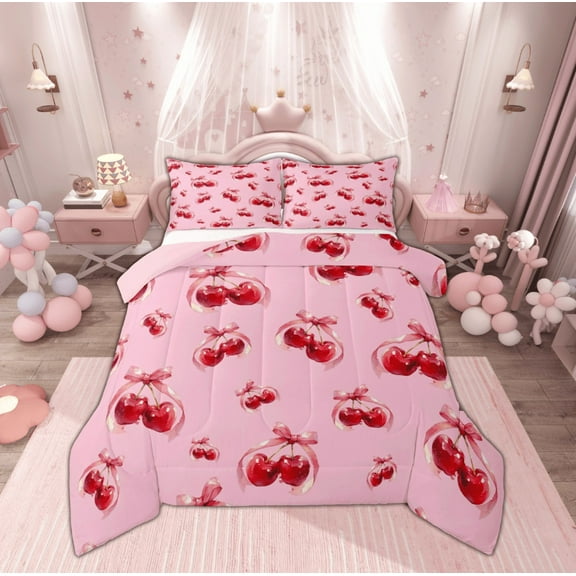 Manfei Red Cherry Bowknot Bedding Comforter Set for Kids, Vintage Cartoon Ribbon Twin Comforter Sets, Girls Kawaii Bow Reversible Bedding Set, Ultra Soft Home Decor, 2 Pieces