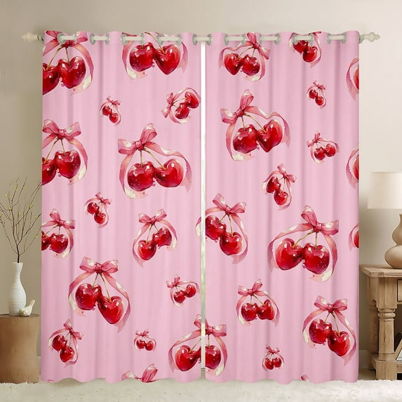 Manfei Red Cherry Bowknot Black Out Curtains for Kids, Vintage Cartoon Ribbon Curtains Pack of 2 (42x63 Each), Girls Kawaii Bow Bedroom Curtains, Living Room Curtains Decor
