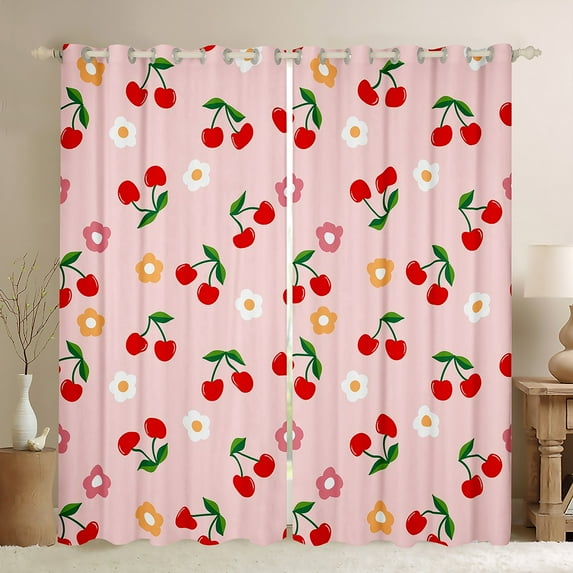 Manfei Red Cherry Curtains Pack of 2 (42x84 Each),Colorful Flower Blossom Curtains Blackout,Cartoon Floral Bedroom Curtains For Teens,Microfiber Bedroom Decor