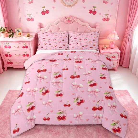 Manfei Red Cherry Full Size Comforter Sets For Girls,Pink Ribbon Bow Bedding Sets For Kids,Pink Reversible,3-Piece
