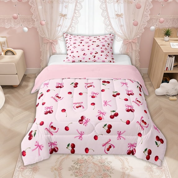 Manfei Red Cherry Pink Bow Print Twin Comforter Sets for Girls, Cute Fruit Ribbon Bows Bedding Set, Pink Reversible, 2pcs