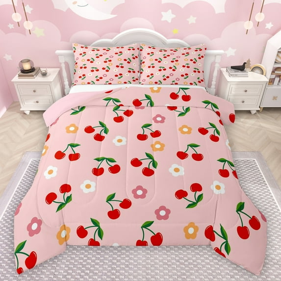 Manfei Red Cherry Queen Comforter Set,Colorful Flower Blossom Bedding Sets,Cartoon Floral Bedding Comforter Set For Teens,Microfiber Bedroom Decor Reversible,3pcs