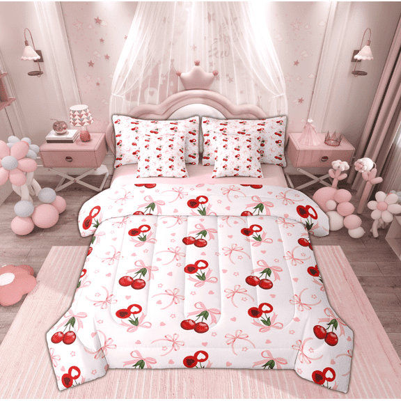 Manfei Red Cherry Ribbon Bedding Comforter Set 7 Pieces for Kids, Romantic Love Heart Full Bedding Set, Cartoon Princess Style Reversible Fitted Sheet Flat Sheet, Lightweight Room Decor