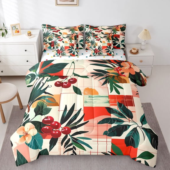 Manfei Red Cherry Twin Bedding Sets 7-Piece for Kids Children,Tropical Flower Fruit Bedding Comforter Set Microfiber,Geometric Plaid Breathable Sheet Sets,Ultra Soft Home Decor,Reversible