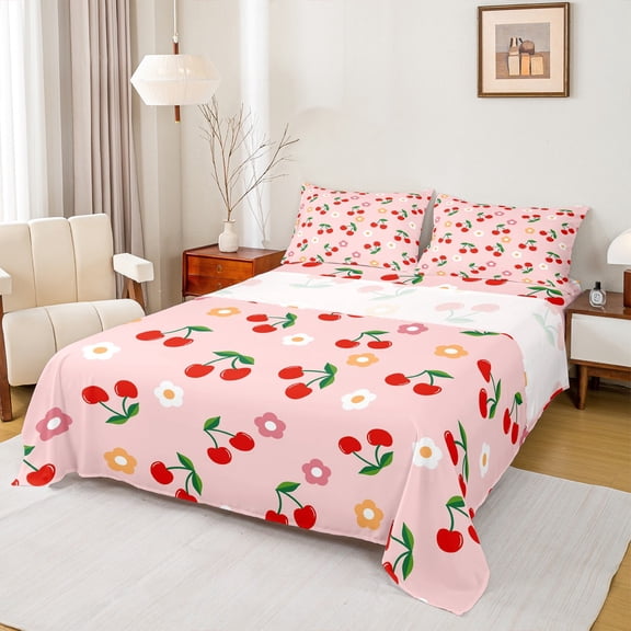 Manfei Red Cherry Twin Sheet Sets,Colorful Flower Blossom Twin Fitted Sheet,Cartoon Floral Flat Sheet For Teens,Microfiber Bedroom Decor,3-Piece