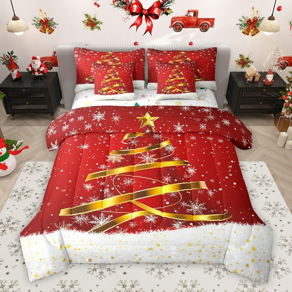 Homewish Red Christmas Tree Twin Bedding Sets 7-Piece, Winter Snowflake Bedding Comforter Set, Glitter Xmas Stars Print Reversible Sheet Sets, Ultra Soft Bedroom Decor