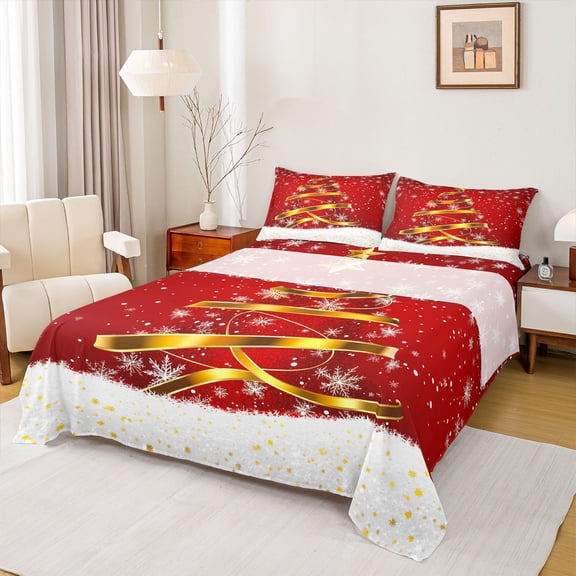 Homewish Red Christmas Tree Twin Sheet Sets, Winter Snowflake Twin Fitted Sheet, Glitter Xmas Stars Print Flat Sheet, Ultra Soft Bedroom Decor, 3-Piece