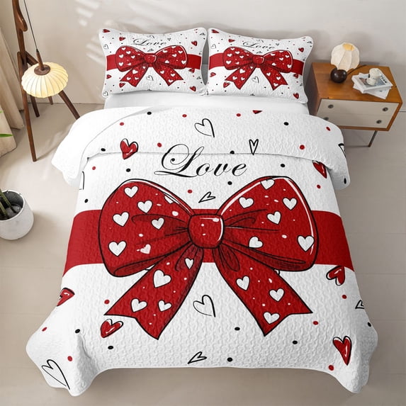 Manfei Red Coquette Bow Twin Quilt Set For Girls,Romantic Loves Pattern Twin Coverlet Set For Kids,2pcs