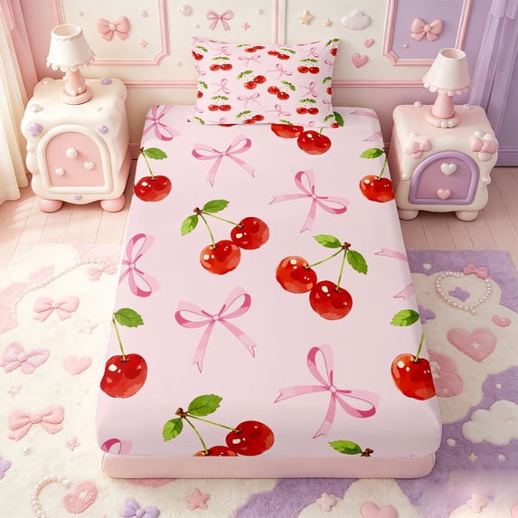 Manfei Red Cute Cherry Twin Fitted Sheet,Kawaii Ribbon Bowtie Bedding,2-Piece,1 Fitted Sheet and 1 Pillowcase