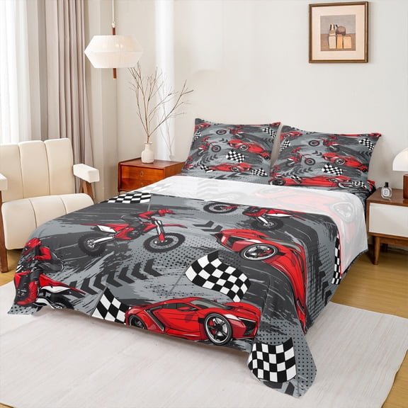 Manfei Red Dirt Bike Bed Sheets 4pcs, Motocross Game King Sheets, Racing Car Sheet Set, Microfiber Bedroom Decor