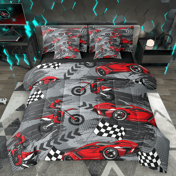 Manfei Red Dirt Bike Bedding Comforter Set 7 Pieces, Motocross Game Queen Bedding Sets, Racing Car Queen Sheet Sets, Microfiber Bedroom Decor