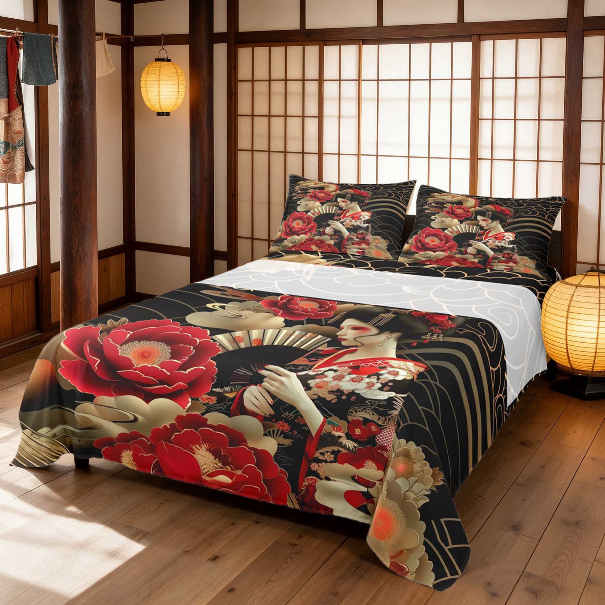 Manfei Red Fan Bed Sheets, Gold Dragon Geisha Full Size Sheets 4-Piece ...