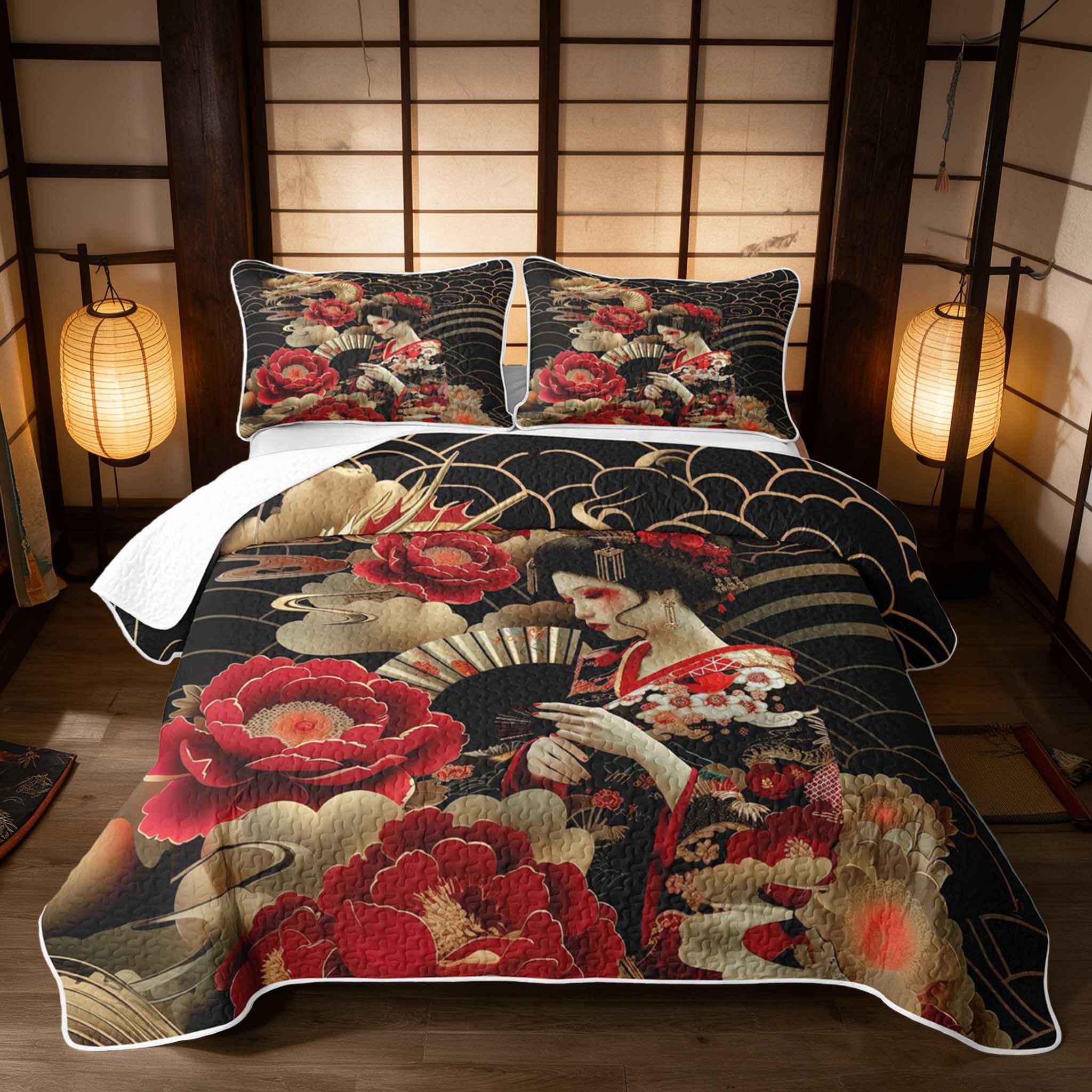 Gold Geisha Manfei Red Fan Twin Quilt Set, Gold Dragon Geisha Twin Coverlet Set ...