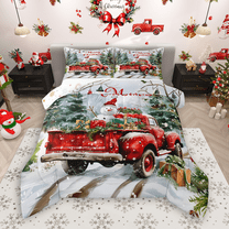 Manfei Red Farm Truck Bedding Comforter Set 2pcs, Happy New Year Twin Comforter Sets, Merry Christmas Xmas Bedding Set, Breathable Home Decor