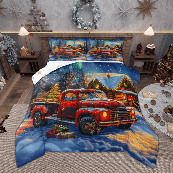 Manfei Red Farm Truck Bedding Comforter Set, Merry Christmas Twin Comforter Sets for Kids Boys Girls, Cute Gingerbread House Bedding Set, Breathable Home Decor Reversible 2pcs