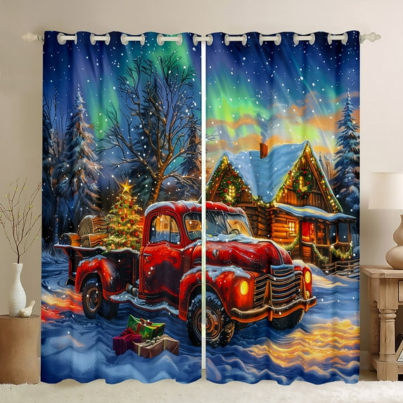 Manfei Red Farm Truck Black Out Curtains, Merry Christmas Curtains Pack of 2 (42x63 Each) for Kids Boys Girls, Cute Gingerbread House Bedroom Curtains, Luxury Home Decor