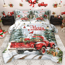 Manfei Red Farm Truck Twin Bedding Sets 7pcs, Happy New Year Bedding Comforter Set, Merry Christmas Xmas Sheet Sets, Breathable Home Decor