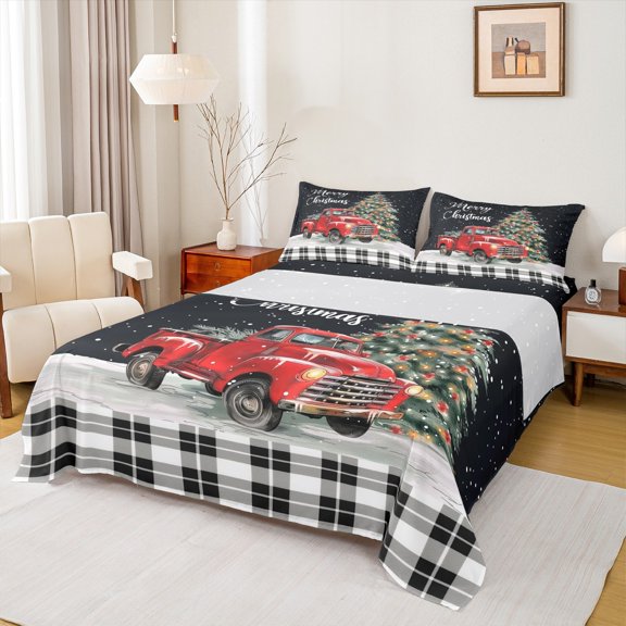 Manfei Red Farm Truck Twin Sheet Sets 3 Pieces, Merry Christmas Xmas Tree Twin Fitted Sheet, Black White Grid Flat Sheet, Luxury Bedroom Decor