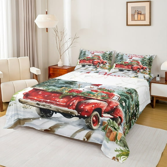 Manfei Red Farm Truck Twin Sheet Sets 3pcs, Happy New Year Twin Fitted Sheet, Merry Christmas Xmas Flat Sheet, Breathable Home Decor