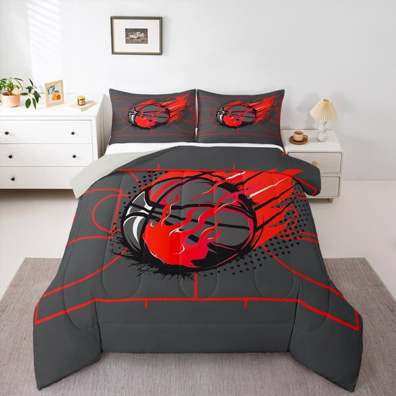 Manfei Red Flame Queen Comforter Set,Kids Basketball Games Bedding Sets,Ball Sport Theme Bedding Comforter Set For Children,Breathable Home Decor Reversible,3pcs