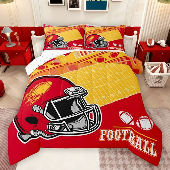 Manfei Red Football Helmet Full Size Comforter Sets,Rugby Sport Bedding Comforter Set,Boys Ball Game Bedding Sets For Kids,Ultra Soft Home Decor Reversible,3 Pieces