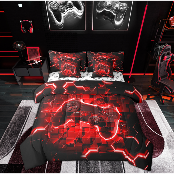 Manfei Red Game Console Bed in a Bag Full size, Neon Geometric Bed Set, Teens Gaming Reversible Bedding Full Size, Microfiber Room Decorative, 7-Piece
