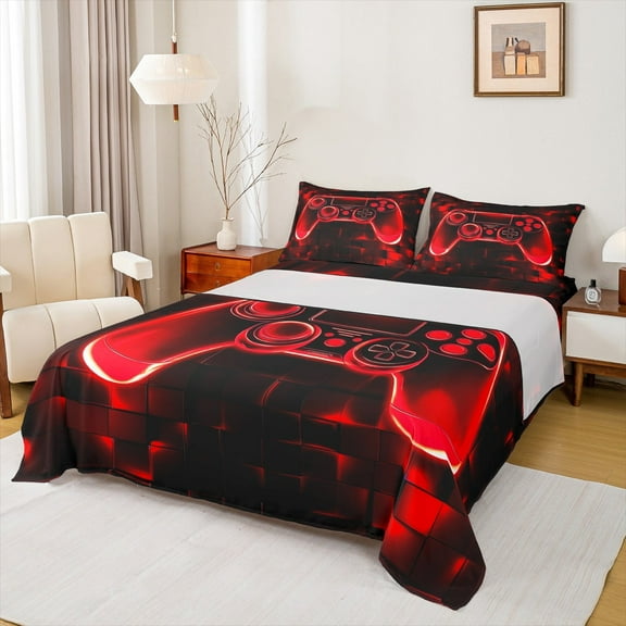 Manfei Red Game Console Bed Sheets Queen, Neon Geometric Queen Sheet Sets, Teens Gaming Bedding Sets Queen Size, Microfiber Bedroom Decoration, 4pcs