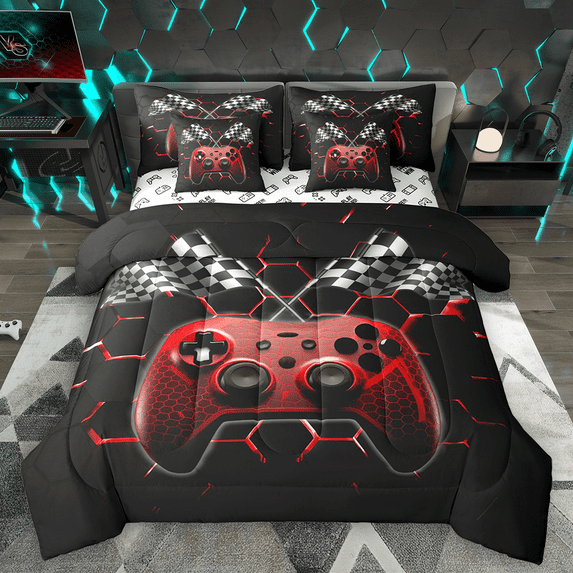 Manfei Red Game Console Bedding Comforter Set 7pcs for Boys, Black White Racing Flag King Bedding Sets, Gamer Gamepad Bed Sheets, Ultra Soft Home Decor