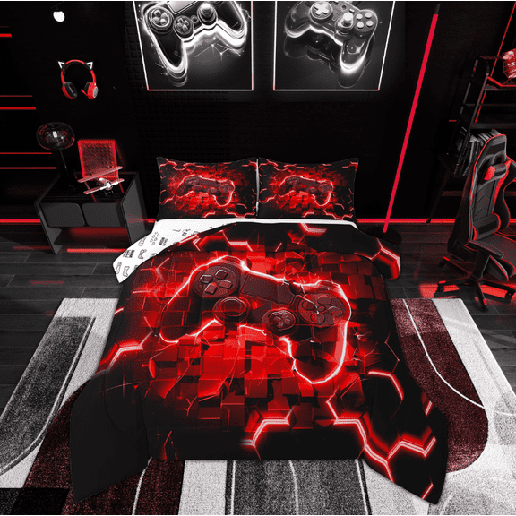 Manfei Red Game Console Bedding Twin Comforter Set, Neon Geometric Down Comforter, Teens Gaming Reversible Duvet Insert, Microfiber Room Decorative, 2-Piece