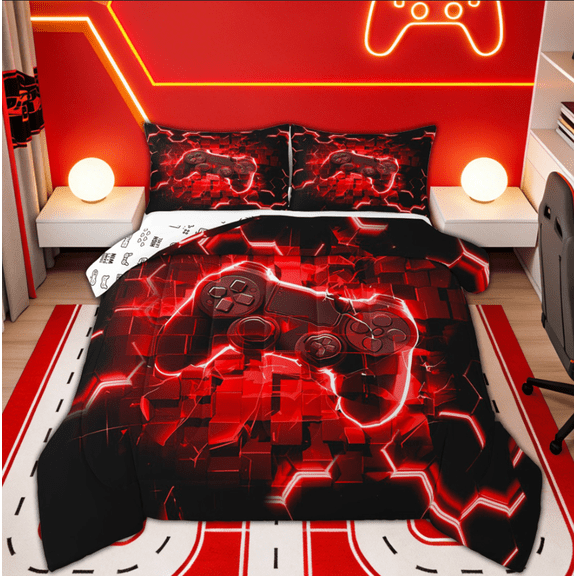 Manfei Red Game Console Bedding Twin Comforter Set for Boys Kids, Neon Honeycomb Bedding Sets, Gamepad Reversible, 2-Piece