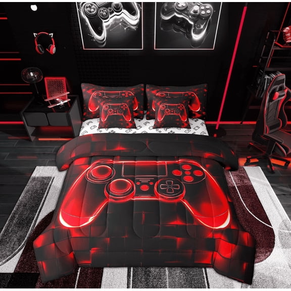 Manfei Red Game Console Bedding Twin Size, Neon Geometric Bedding Sets Twin Size, Teens Gaming Reversible Comforter Sets with Sheets, Microfiber Bedroom Decoration, 7pcs