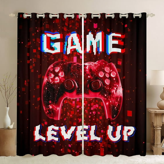 Manfei Red Game Console Blackout Curtains Set of 2 (52x84 Each) for Kids, Modern Video Game Window Curtains, Neon Geometric Curtains and Drapes, Window Curtains Room Decor