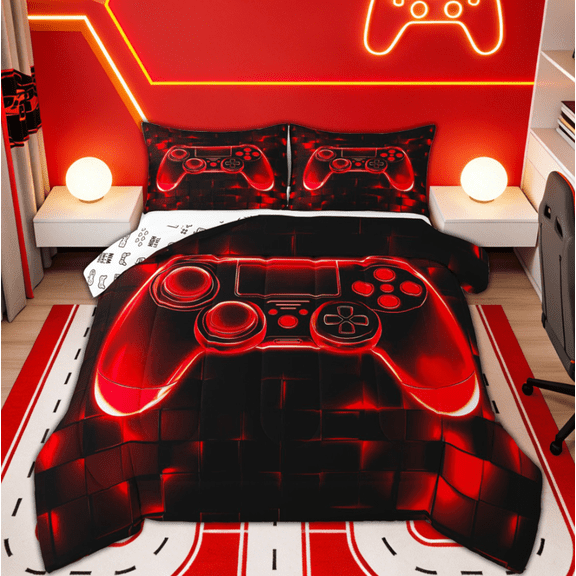 Manfei Red Game Console Comforter Sets Twin Size for Boys Kids, Neon Honeycomb Bedding Twin Comforter Set, Teens Gaming Reversible , 2pcs