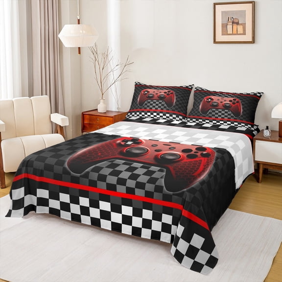 Manfei Red Game Console Full Size Sheets 4-Piece for Boys, Black White Racing Flag Bed Sheets, Gamer Gamepad Sheet Sets, Super Cozy Room Decor