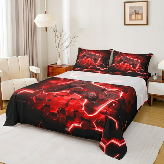 Manfei Red Game Console Twin Sheet Sets, Neon Geometric Sheet Set Twin, Teens Gaming Bed Sheets Set Twin Size, Microfiber Room Decorative, 3-Piece