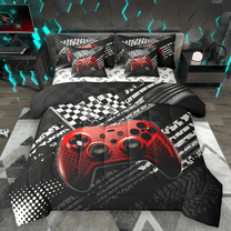 Manfei Red Game Controller Twin Bedding Sets 7pcs for Boys, Black White Racing Flag Bedding Comforter Set, Gamer Gamepad Sheet Sets, Breathable Home Decor