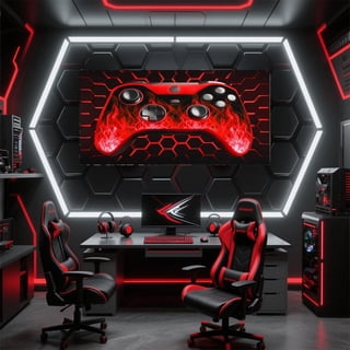 Manfei Red Gamepad Canvas Wall Art Bedroom, Game Gaming Gamer Wall Hanging Decor Living Room 38x19, Geometric Honeycomb Wall Decor for 38x19, Stylish Living Room Decorative