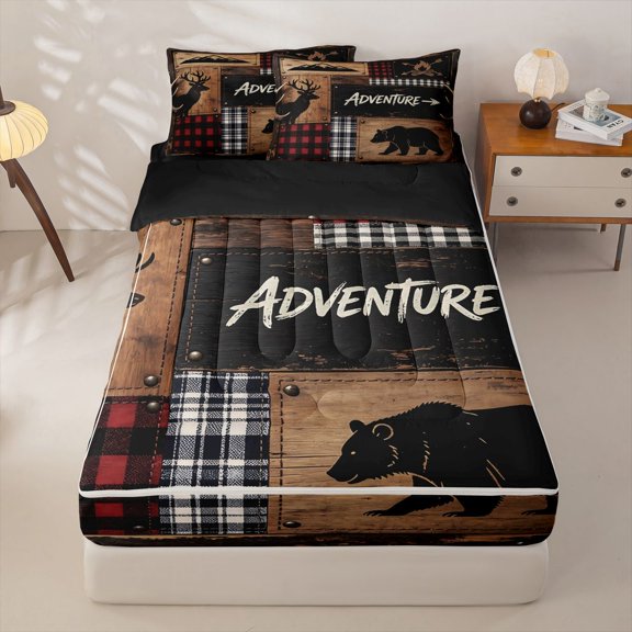 Manfei Red Geometric Plaid Zipper Twin Comforter Sets with Fitted Sheet and 2 Pillowcases,Wild Animals Pattern Zipper Bedding Set,Black Reversible,4pcs