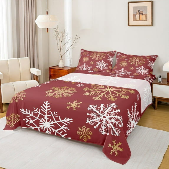 Manfei Red Gold Snowflake Queen Sheet Sets, Merry Christmas Flat Sheet, Teens Boys Girls Kids Queen Fitted Sheet, Super Cozy Room Decor, 4pcs