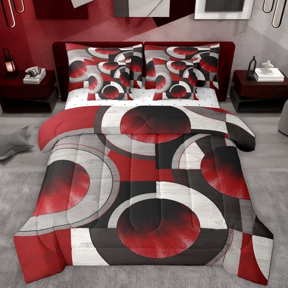 Manfei Red Gray Black 7-Piece Twin Bedding Sets,Modern Geometric Art Bedding Comforter Set,Circular Print Sheet Sets For Adults,Microfiber Bedroom Decor Reversible