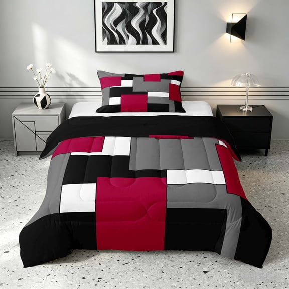 Manfei Red Gray Square Twin Comforter Sets, Minimalism Geometric Grid Bedding Set, Black Reversible 2pcs, 1 Comforter and 1 Pillowcase