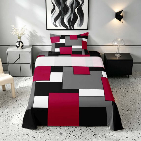 Manfei Red Gray Square Twin Sheets, Minimalism Geometric Grid Bedding, Black Reversible 3pcs1 Flat Sheet + 1 Fitted Sheet + 1 Pillowcase