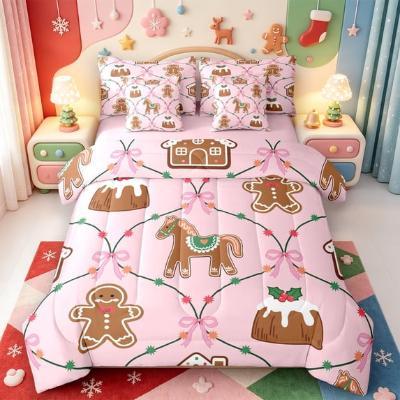 Manfei Red-Green Animals 7-Piece Twin Bedding,Modern Christmas Candy Cane Bedding Comforter Set,Pink Reversible