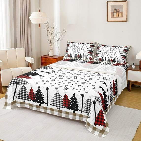 Manfei Red Green Tree Full Size Sheets, Rustic Winter Snowflake Bed Sheets, Merry Christmas Theme Sheet Sets, Ultra Soft Home Decor, 4pcs