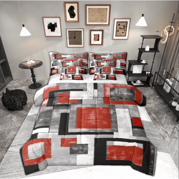 Manfei Red Grey Abstract Bedding Comforter Set 7 Pieces, Chic Minimalism Full Bedding Set, Teen Child Kid Adult Reversible Fitted Sheet Flat Sheet, Luxury Bedroom Decor